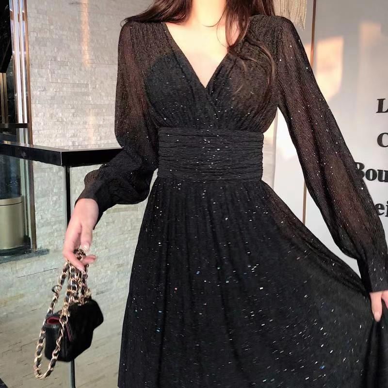 Everose - Maxi A-lijn jurk met lange mouwen, V-hals en glitter