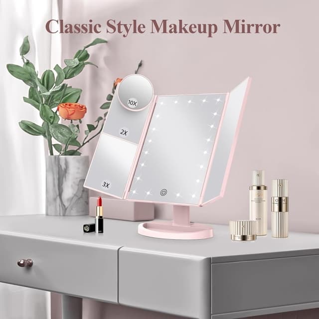 3-sidet sammenfoldelig makeup spejl, der kan dæmpes lys 22LED bordspejl
