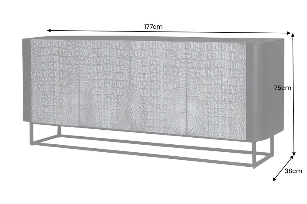 Handgefertigtes Sideboard CROCO 180cm grau schwarz Mangoholz mit 3D Schnitzereien massiv Metall