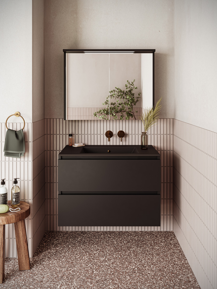 Fontana Rovigo badmeubel 80cm zwart mat met zwarte wastafel zonder kraangat en spiegelkast met verlichting