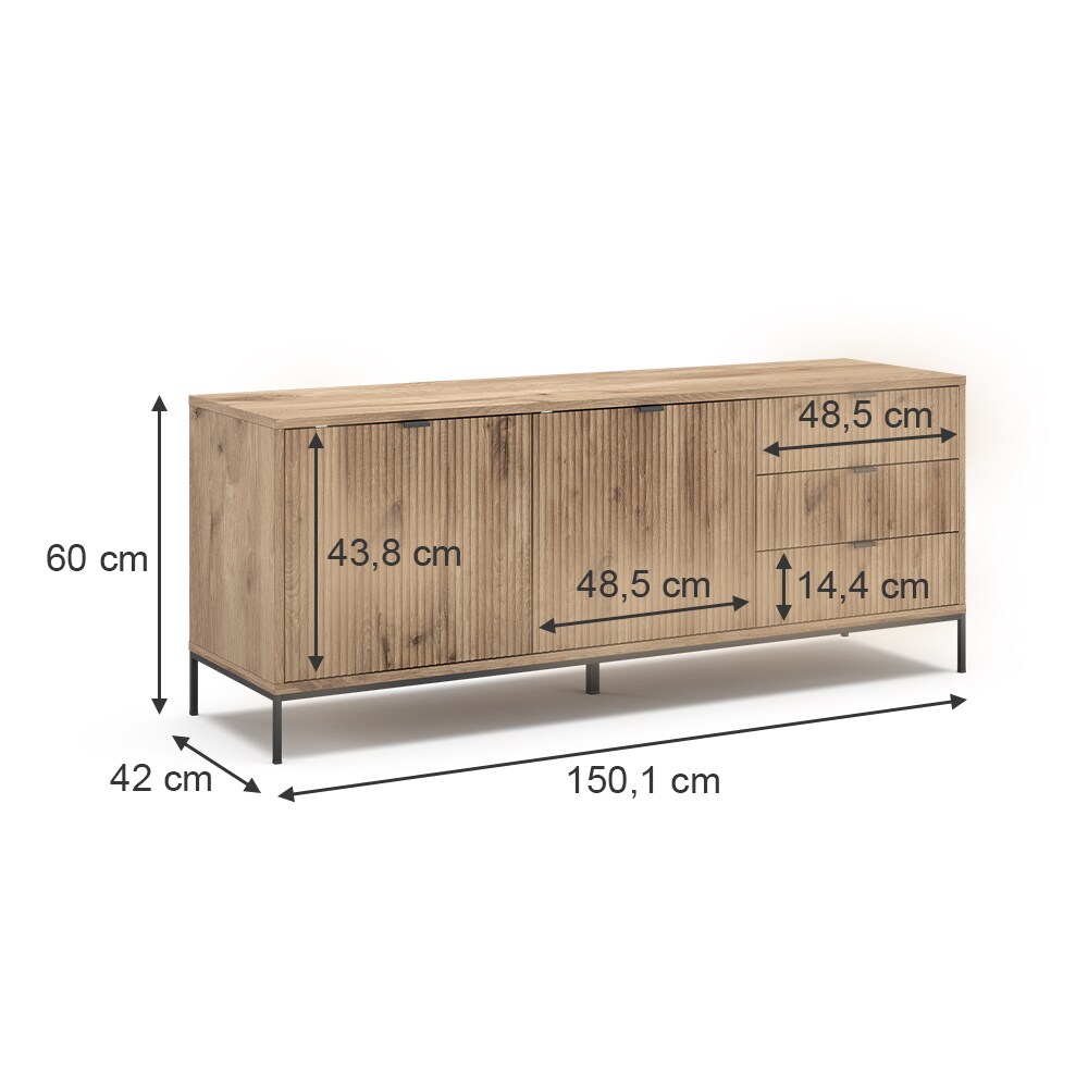 Vicco Lowboard Eliza Viking Oak 150,1 x 60 cm mit 3 Schubladen und 2 Türen