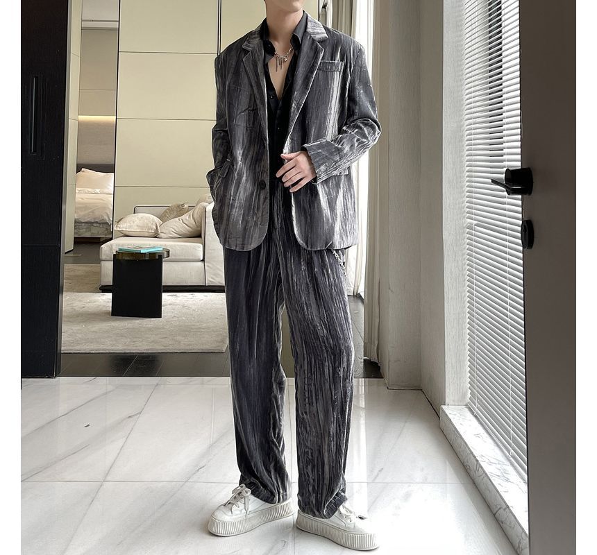 Omozando - Set: Effen enkelrijs blazer + Middelhoge wijde broek