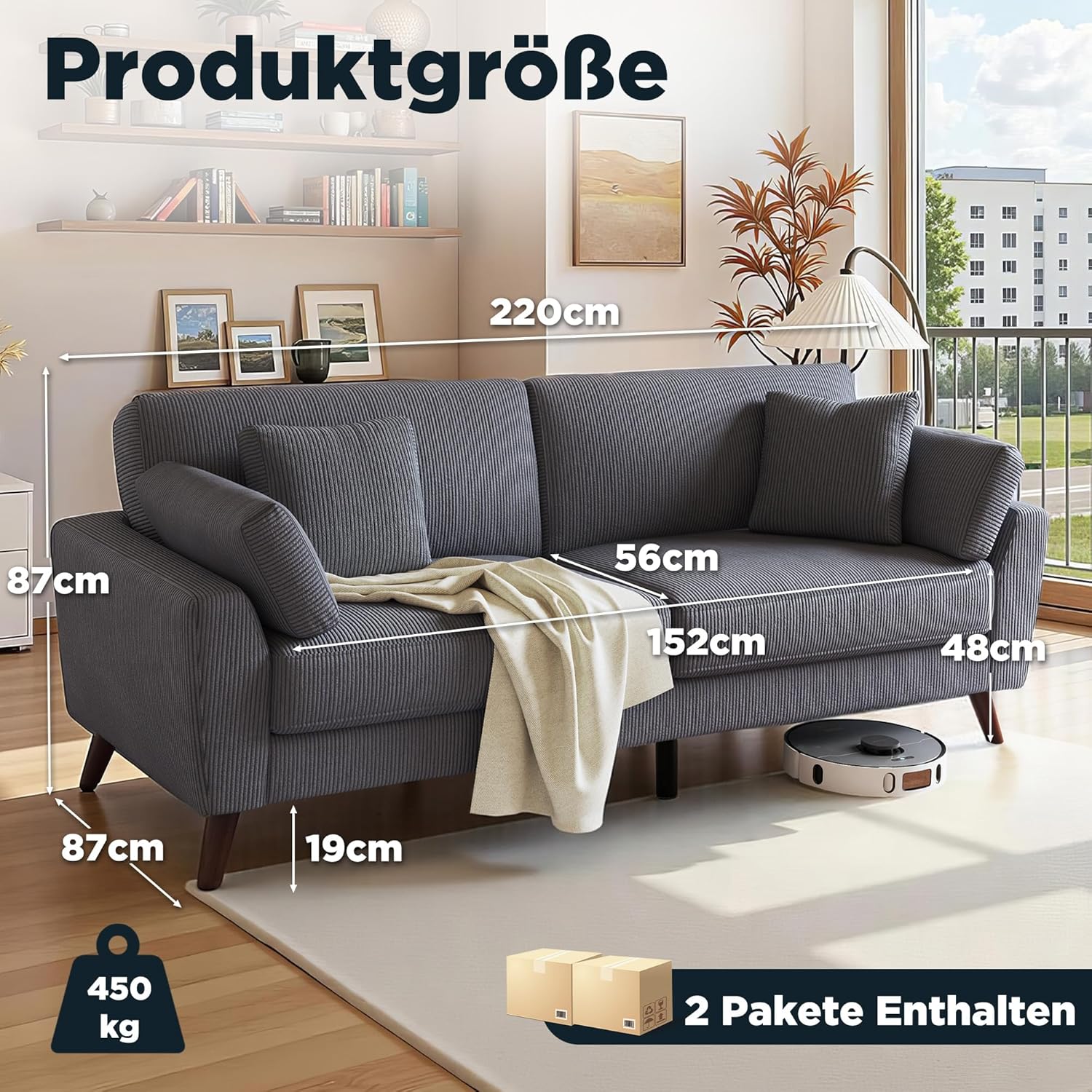 220 cm 3-Sitzer Big Sofa aus Cord, modernes Design mit hohen Beinen, ideal für Wohnzimmer oder Schlafzimmer, grau