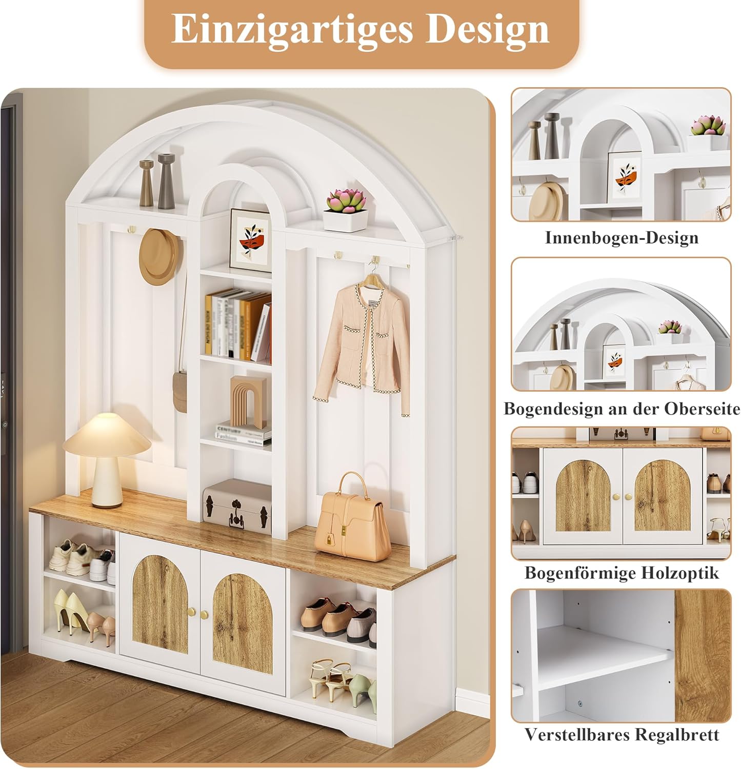 Eingangsbereichsschrank mit Schuhregal, Ablagen und Haken .Garderobenschrank– eine Garderobe aus robustem MDF mit modernem Design und praktischem Stauraum. (Weiß, 150 L x40 B x 195 H(cm))