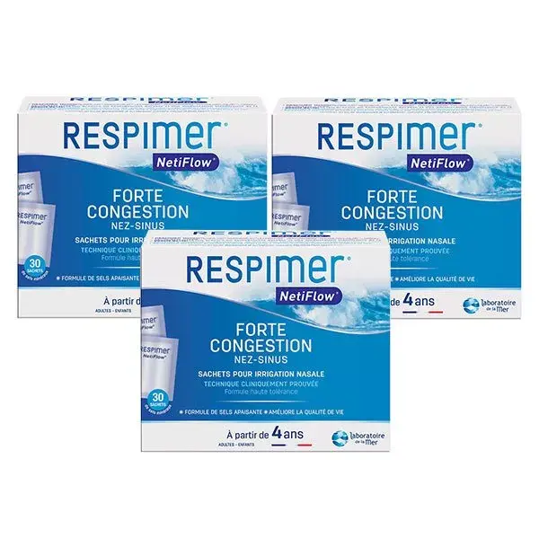 Refis para irrigação nasal Respimer Netiflow com água do mar, pacote com 3 unidades de 16 sachês cada.