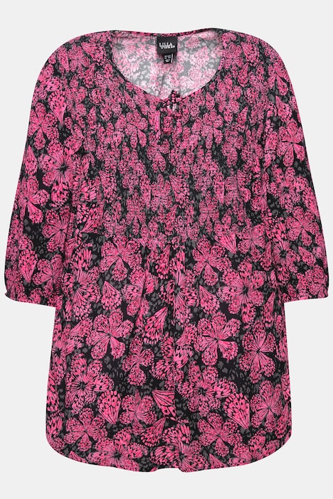 Smokbluse, floraler Druck, Rundhals, 3/4-Arm