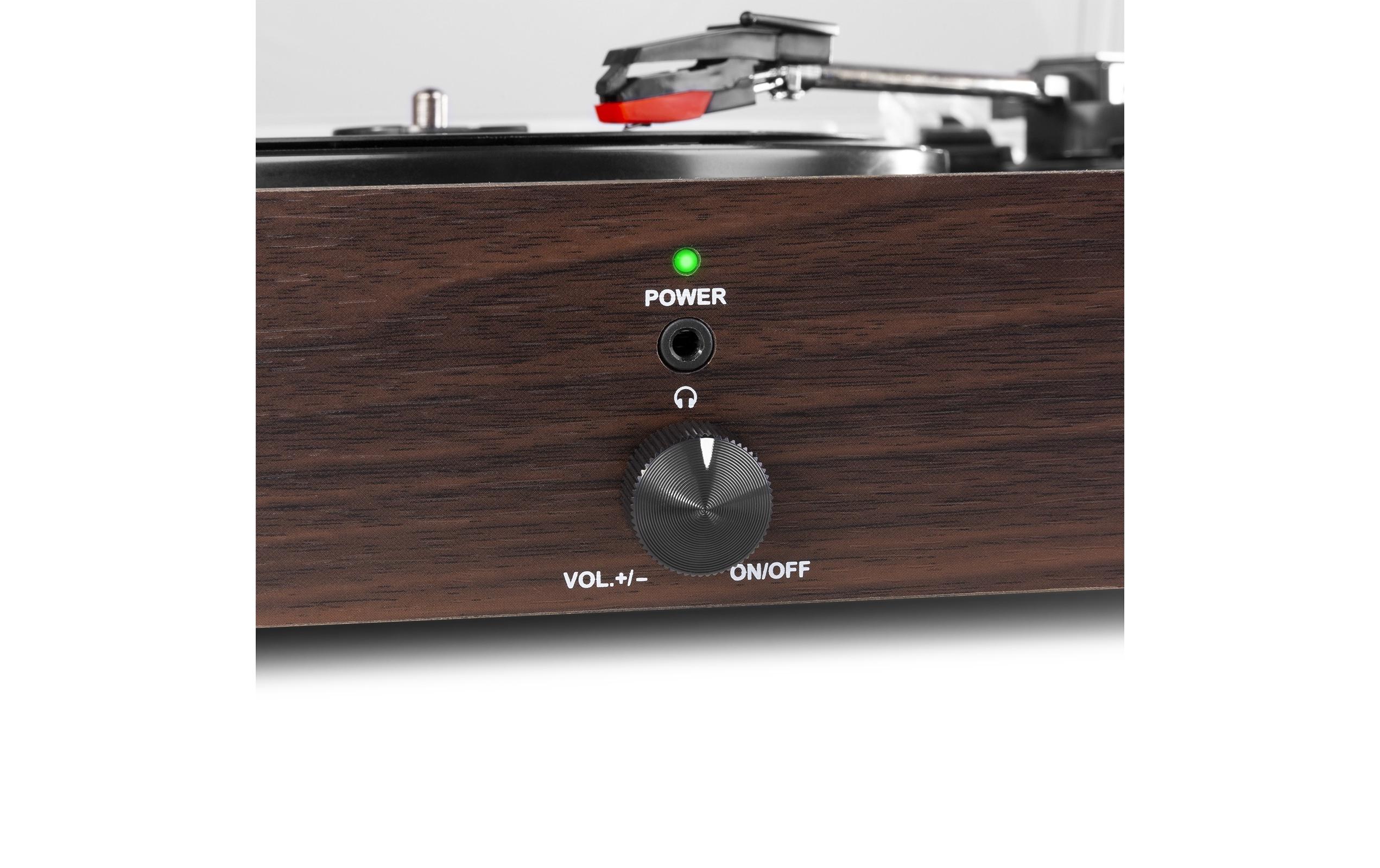 Plattenspieler RP106DW DunkelbraunHandgefertigter Plattenspieler aus Holz mit zwei eingebauten Lautsprechern