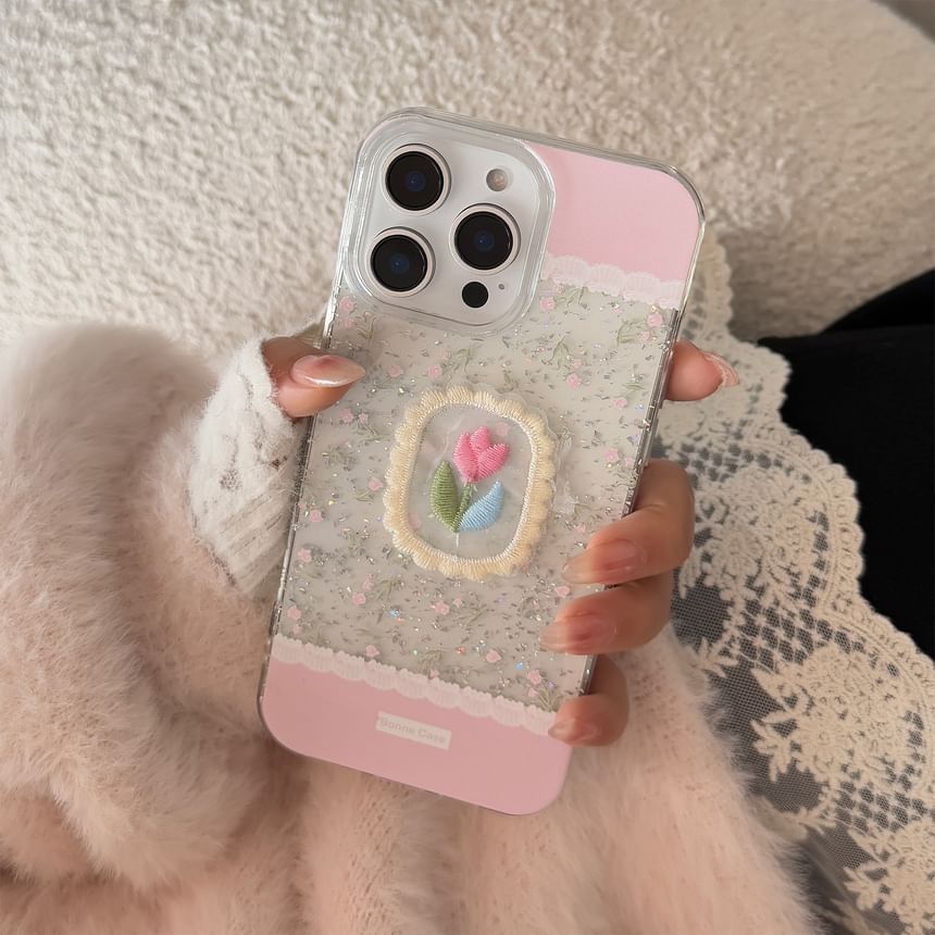 kloudkase - Bloemen telefoonhoesje / geborduurde zelfklevende decoratie / bedel / set - iPhone 16 Pro Max / 16 Pro / 16 Plus / 16 / 15 Pro Max / 15 Pro / 15 Plus / 15 / 14 Pro Max / 14 Pro / 14 Plus / 14 / 13 Pro Max / 13 Pro / 13