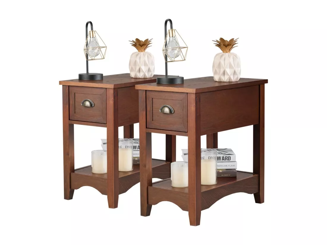 Table de Chevet avec Tiroir, Table d'Appoint Pieds en Bois d'Hévéa, Bout de Canapé Rétro pour Chambre, Salon, 56 x 33 x 58,5 cm (Brun rougeâtre, Lot de 2)