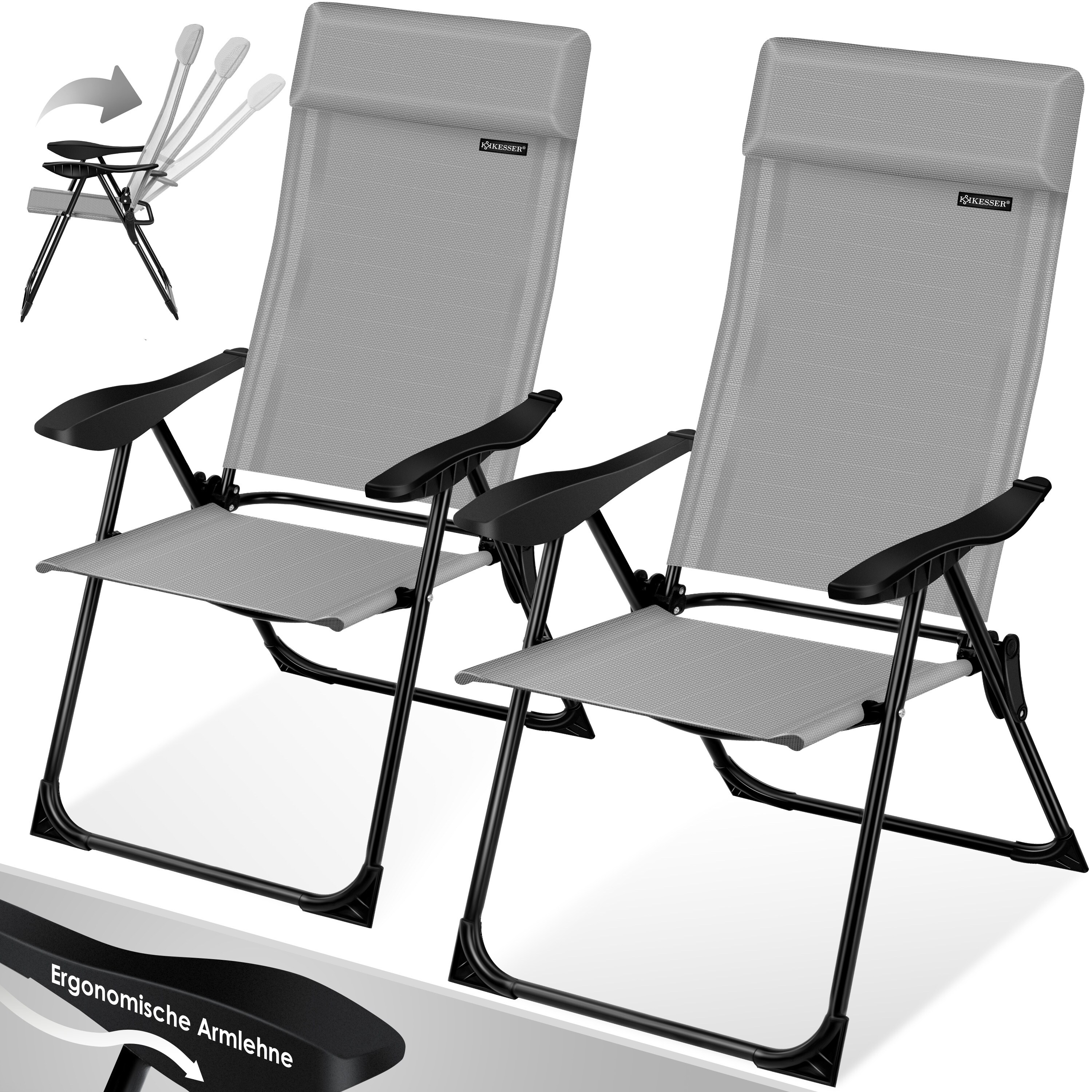 KESSER® 2er Set Gartenstuhl Hochlehner Alu Klappstuhl 7-Fach Verstellbar mit Armlehnen Atmungsaktiv klappbar Campingstuhl Balkonstuhl Klappsessel Garten Terrasse