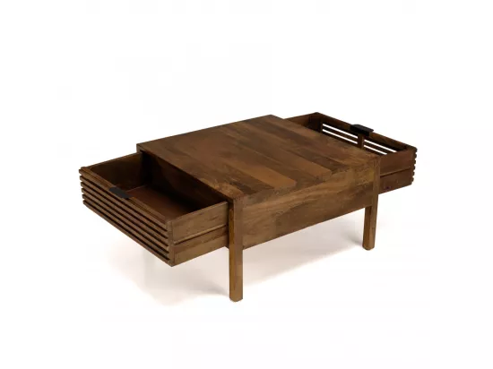 ALIX - Table basse carrée 70x70cm en bois de manguier 2 tiroirs ajourés