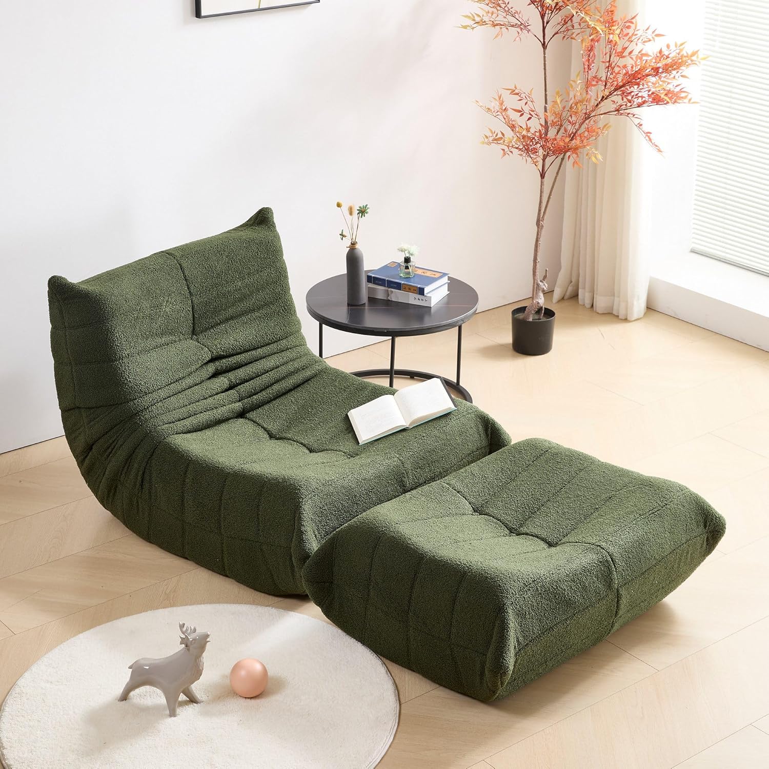 okwish Schlafsofas Relaxsessel mit Rückenlehne und Fußstütze, Lazy Sofa, Indoor-Sitzkissen, Faltbarer Meditationsstuhl, geeignet für Schlafzimmer, Wohnzimmer, Grün