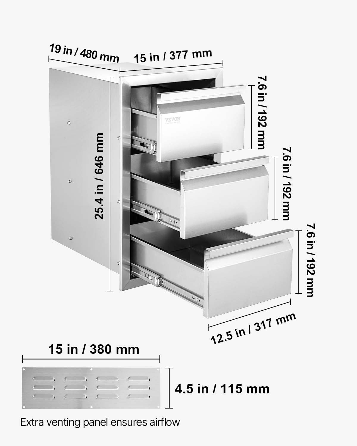 VEVOR 50 x 67cm Kamintür Dreistufig Edelstahl BBQ Tür Vertikal BBQ Island Tür