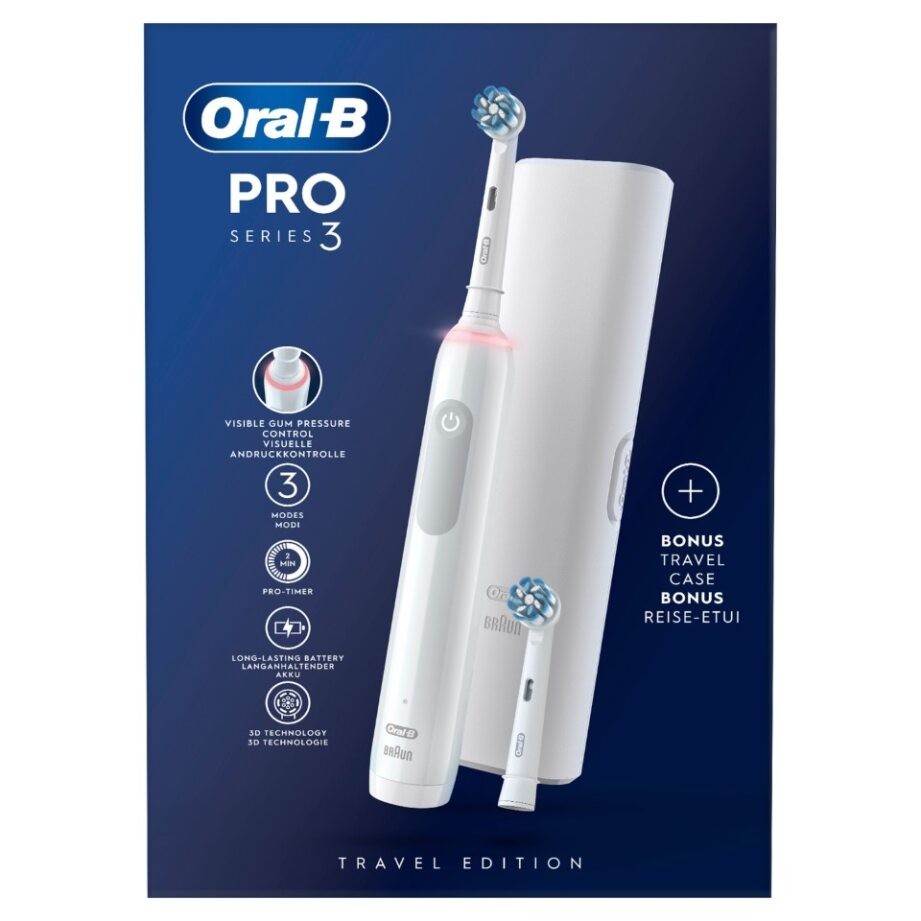 Oral-B - Pro3 Hvid Elektrisk Tandbørste + Ekstra Sensi Børstehoved + TC