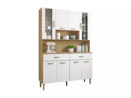 Buffet de Cuisine 8 Portes 2 Tiroirs Chêne et Blanc L 121.4 H 173.5 P 36.3 cm