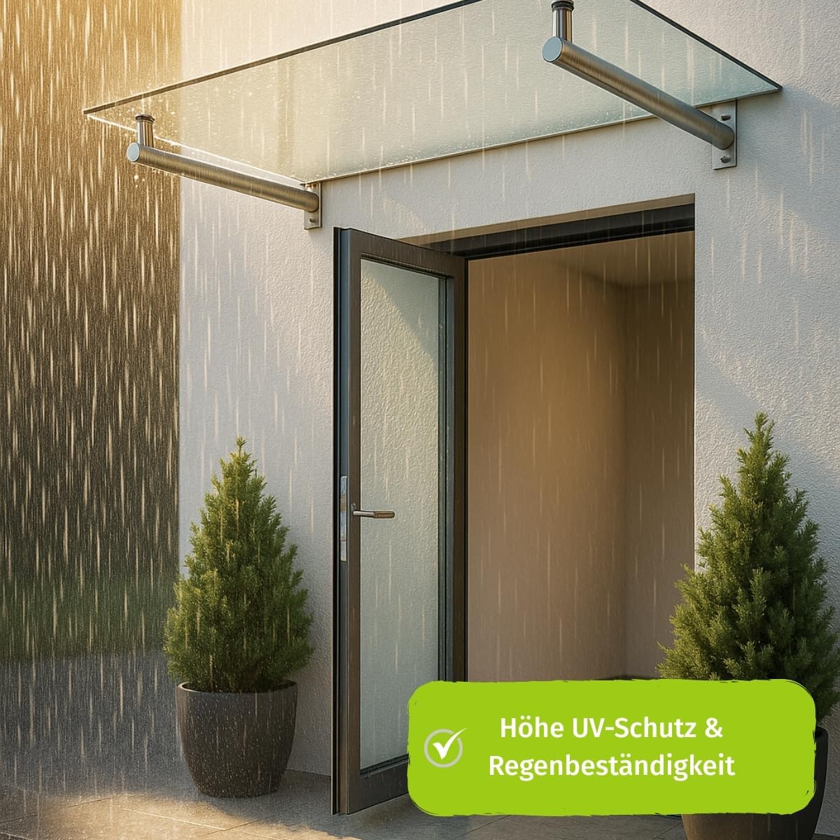 HORI Vordach für Haustür - Eingangstür Überdachung UV-Schutz - Sicherheitsglas Edelstahl Träger Silber - Pultvordach Eingangsbereich - Sonnenschutz wetterfest pflegeleicht - Silber 140 x 80 cm