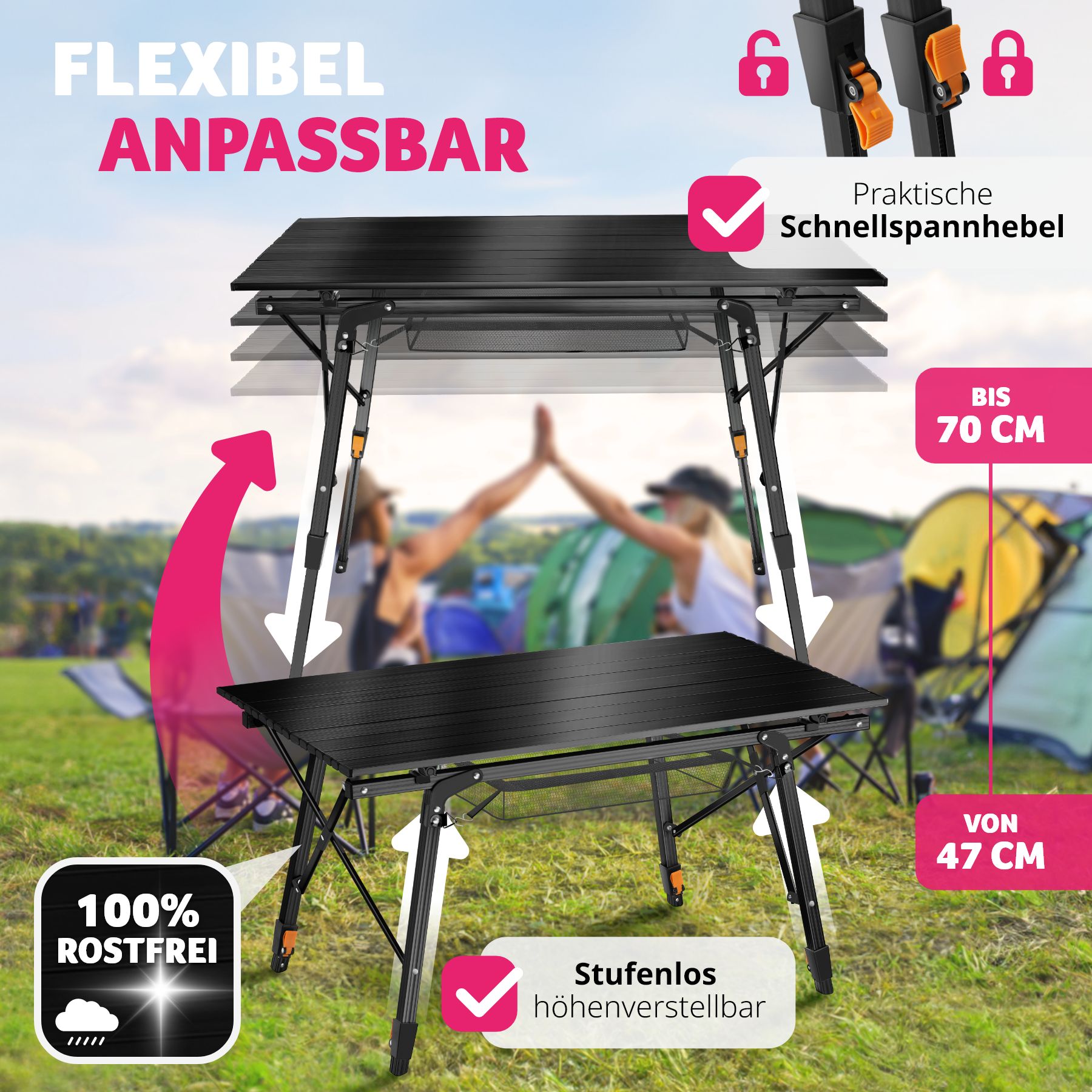 tectake® Campingtisch, faltbar, höhenverstellbar, 90 x 52 x 47 - 70 cm