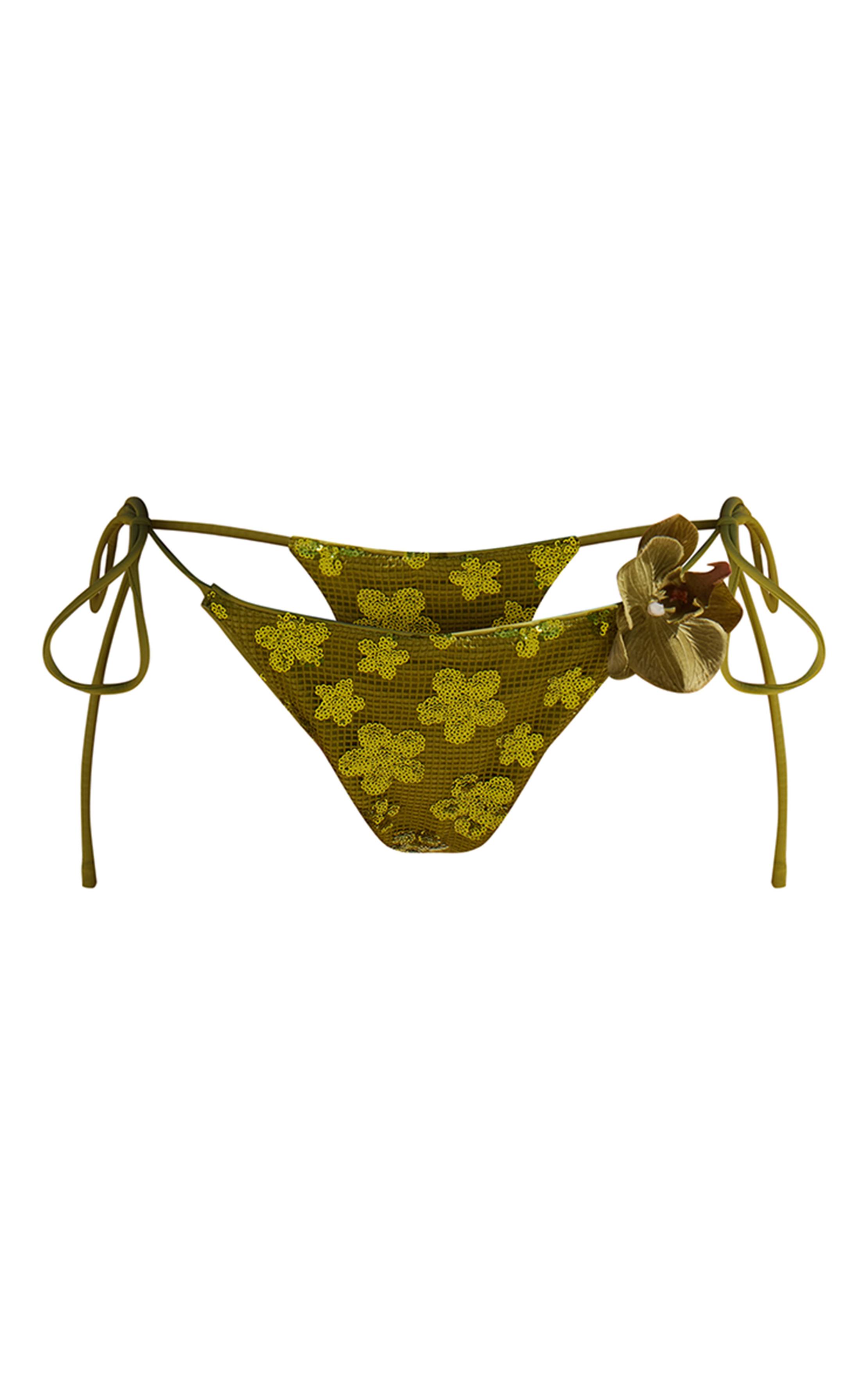 Vert Olive Bas De Bikini À Nouer Sur Les Côtés Avec Bordure D'orchidée À Paillettes