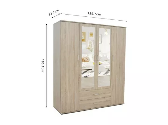 Armoire, garde-robe, avec miroir collection TOM, 4 portes 160 cm, penderie intégrée chêne sonoma