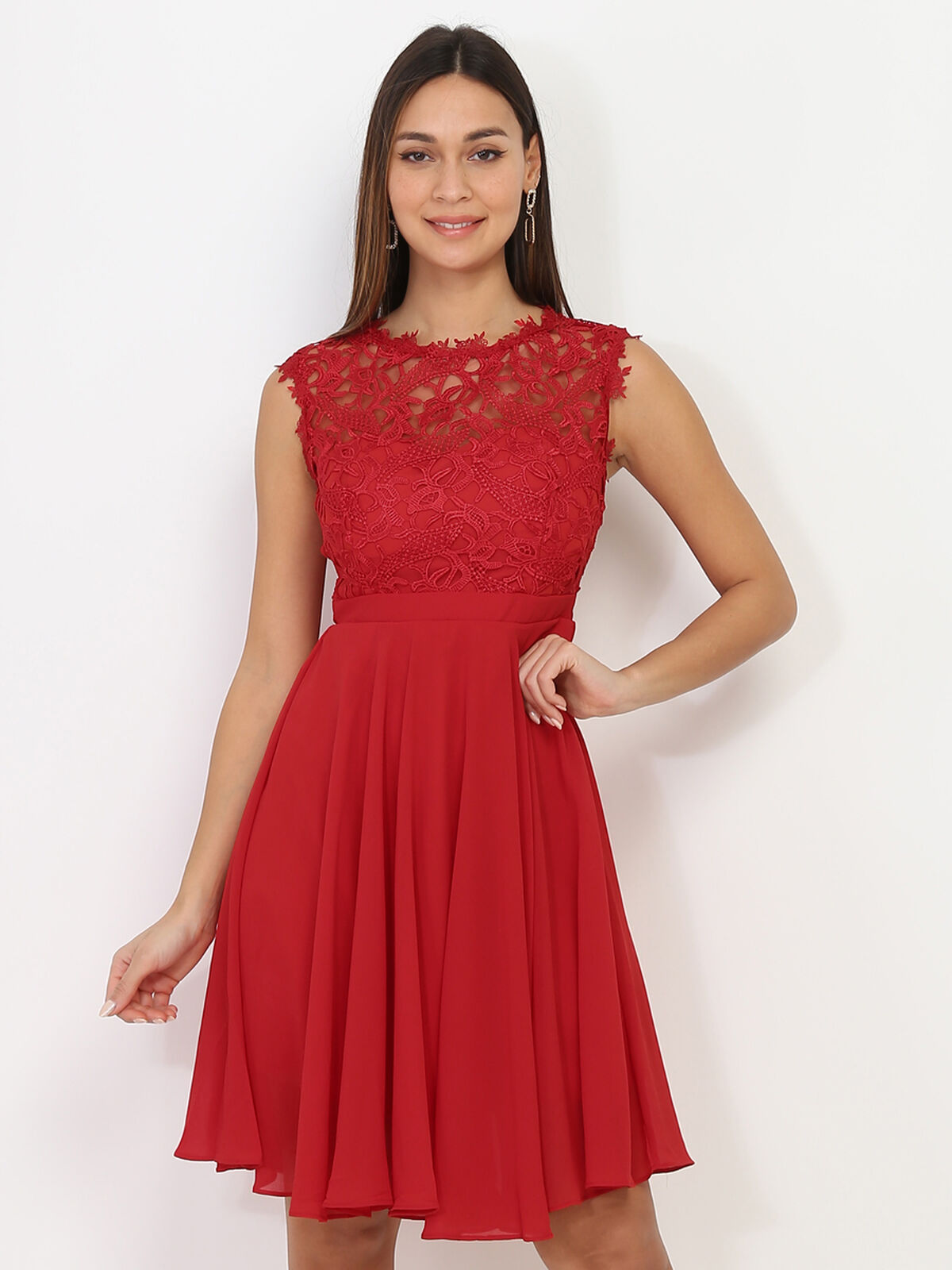 Robe à encolure dentelle grandes tailles- Rouge