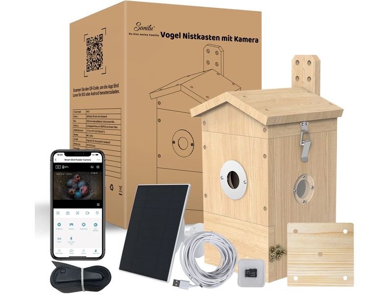 Sanilu Vogel Nistkasten mit Kamera, Solarpanel inklusive Nistkasten aus Holz mit Sonnenkollektor