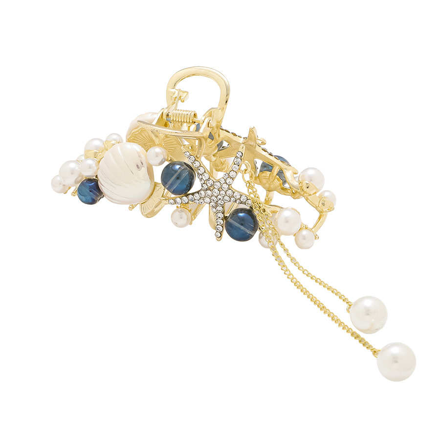 (8cm) Haarspange Klammer Strass Krallen Clip Muschel Haar Accessoire Seestern mit Perlen Anhänger - Gold / Weiss