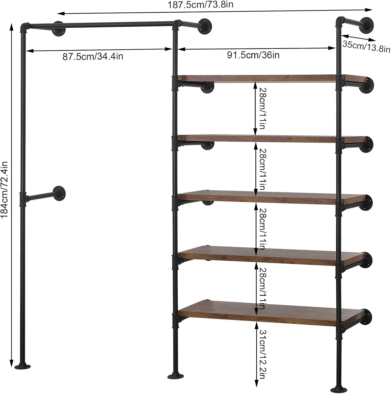 WOLTU Kleiderständer mit Ablagen, Garderobe mit Kleiderstange, Garderobenständer Wandmontage, Vintage Industrial Design