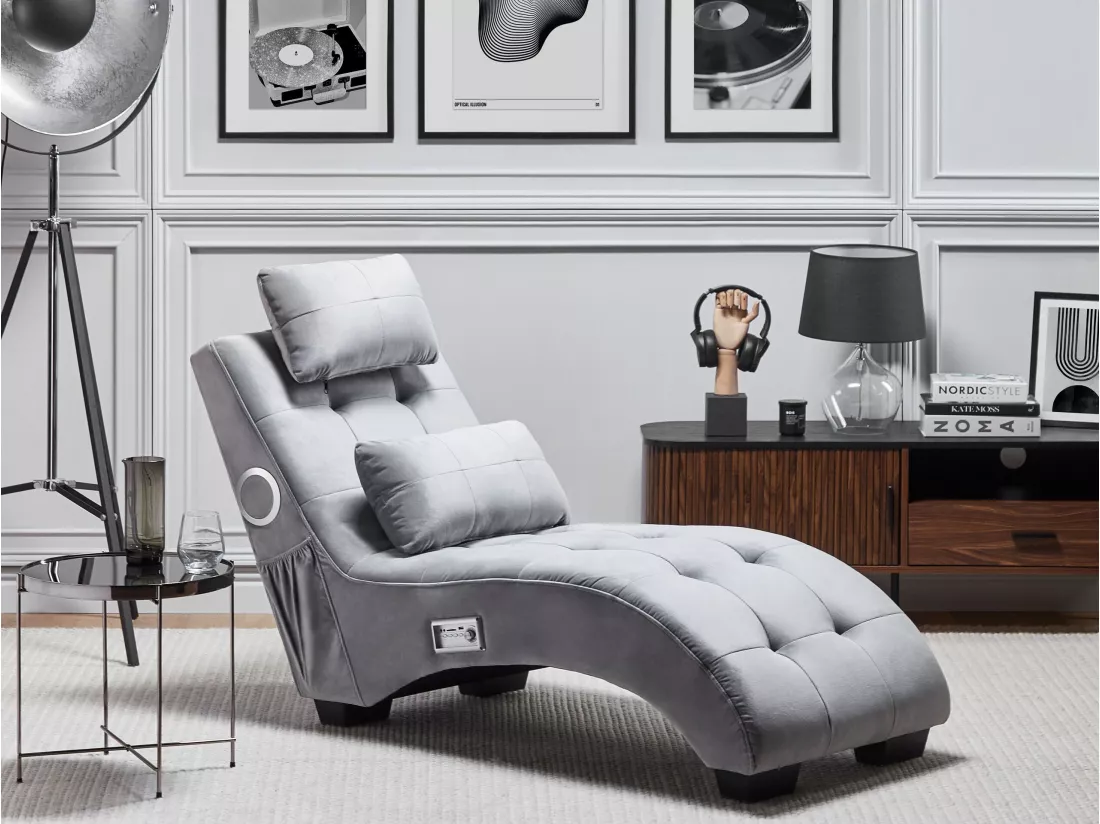 Chaise longue en velours gris clair avec haut parleur Bluetooth et port USB SIMORRE