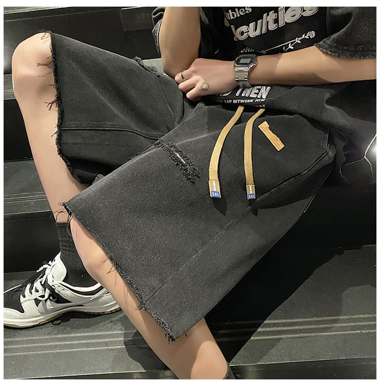 Phoneus - Trekkoord taille applicatie gewassen gerafelde versleten wijde denim shorts