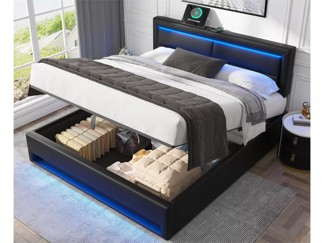 Lit coffre 160x200 cm en similicuir avec LED - avec ports de recharge (filaire & sans fil) - Noir