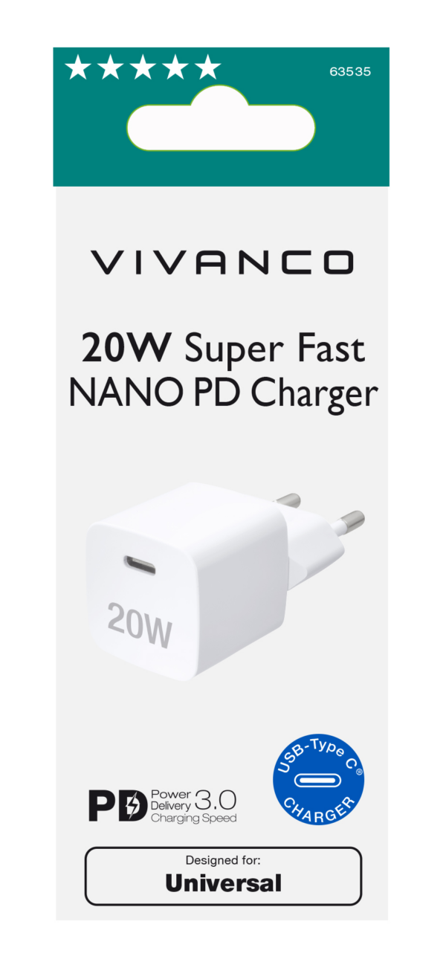 Vivanco - 20W Super Hurtig USB-C NANO PD oplader