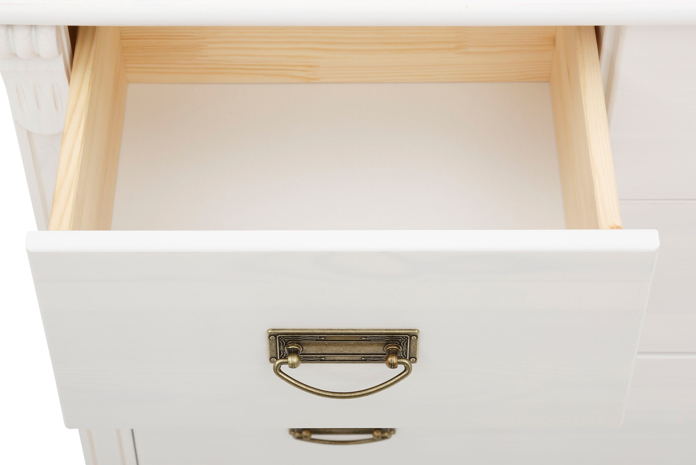 Lüttenhütt Babyzimmer-Komplettset »Aimo, luxoriöser Landhausstil, Messinggriffe,« Spar-Set, Kinderbett, Wickelkommode, Unterbauregal, 5 Schubladen, 3 Stk. tlg. aus Massivholz; FSC®-Holz aus gewissenhaft bewirtschafteten Wäldern