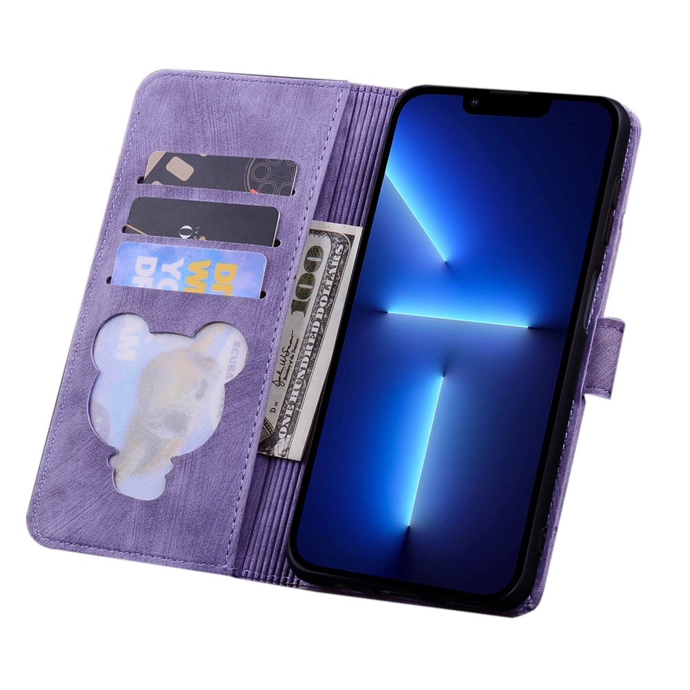 iPhone 13 Pro Leder Tasche Flip Cover Katze & Blumen Imprint - Lila