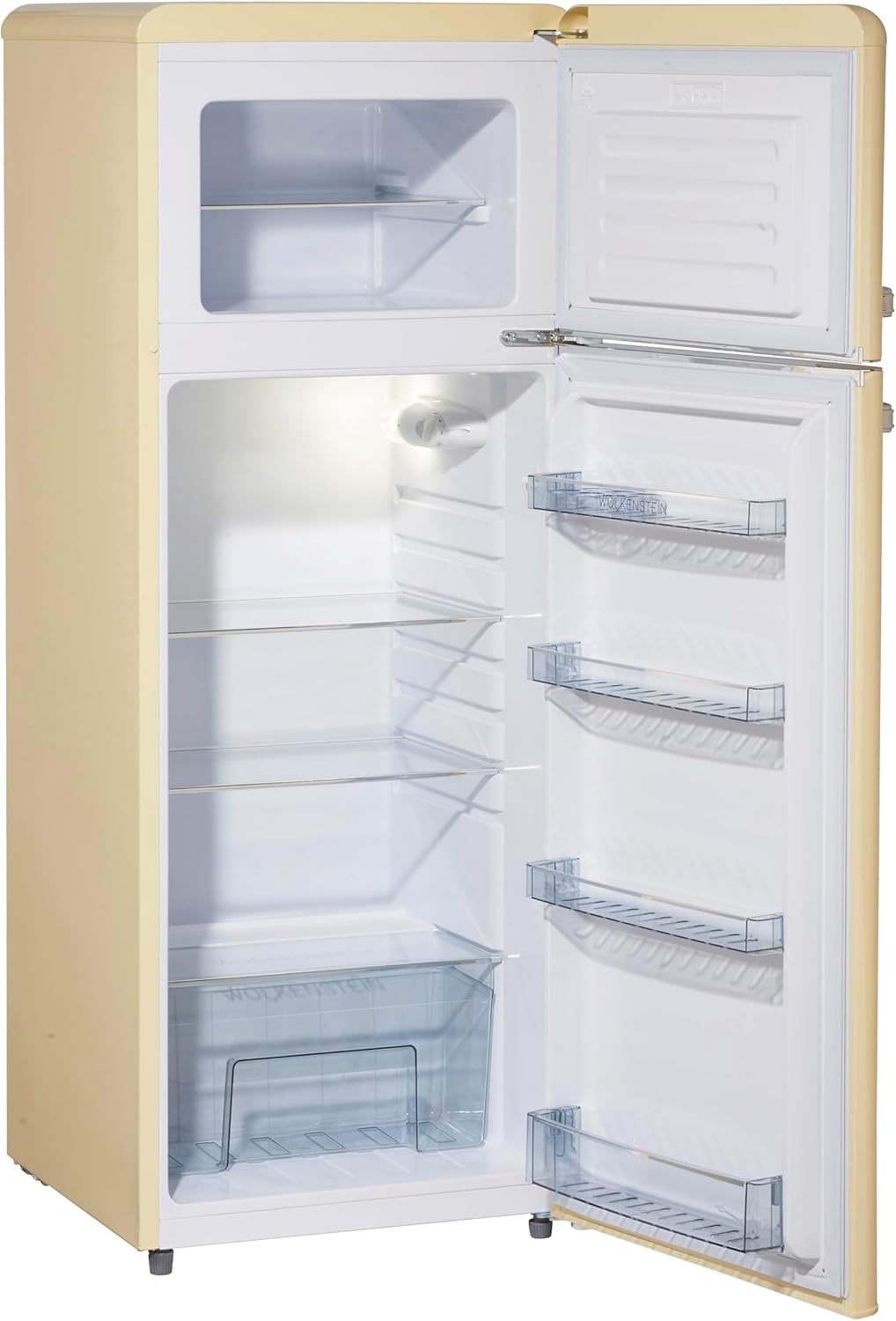 WOLKENSTEIN Retro Kühl-Gefrier-Kombination GK212.4RT SC211 Liter | Nostalgie Design Kühlschrank | 39 Liter 4 Sterne Gefrierfach | Nur 41 dB | LED-Beleuchtung | Silber Applikationen | Freistehend