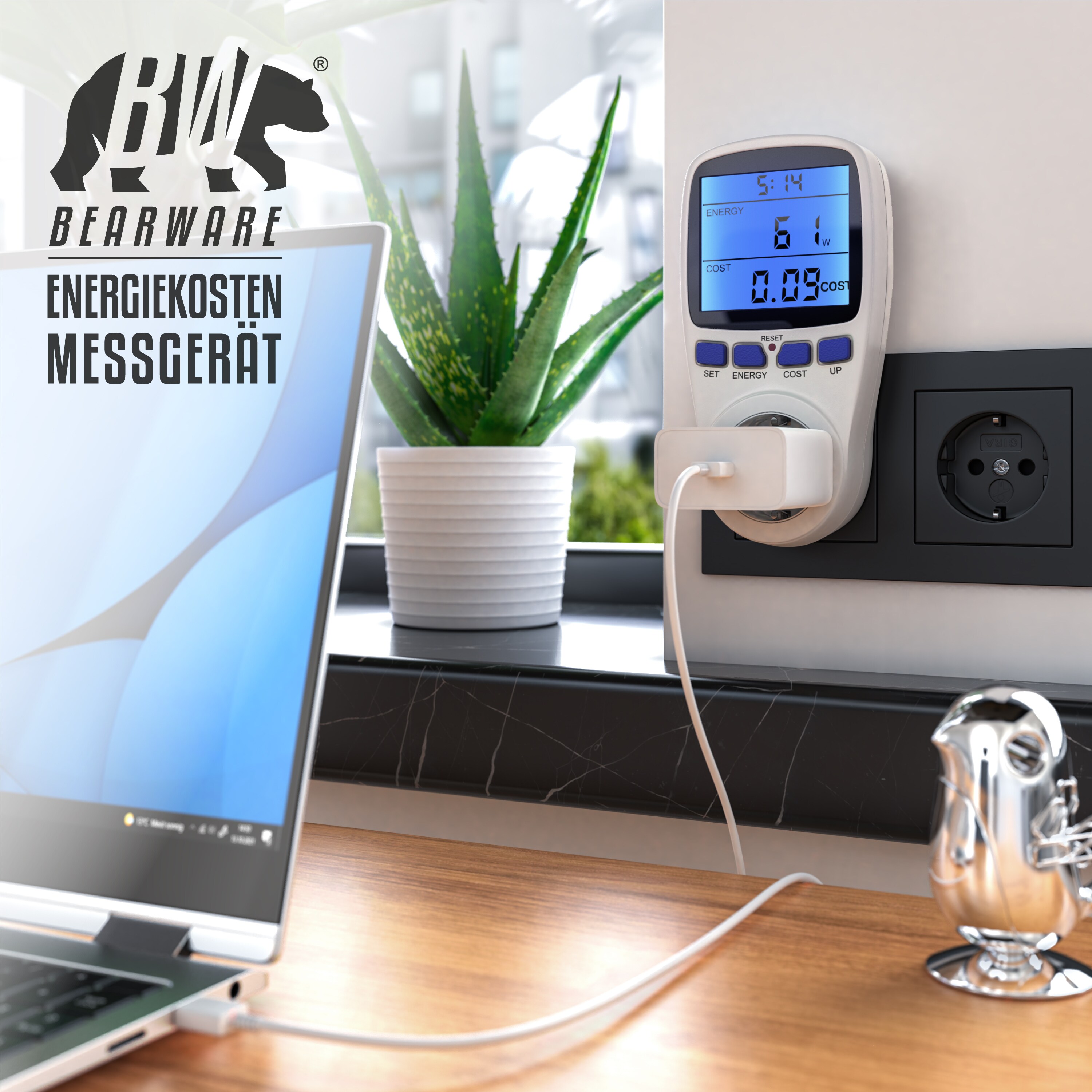 BEARWARE Energiekostenmessgerät - Display mit Hintergrundbeleuchtung - Stromverbrauchszähler - Energiekosten Anzeige - Stromzähler - 3680W