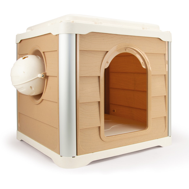 Loboo - Smartkave Cube Alaska Canil e Casinha para Cães e Gatos, para Uso Externo, com Design Modular, Isolamento Térmico e Contra Intempéries, Alimentador e Parede Traseira Articulada, Branco e Bege