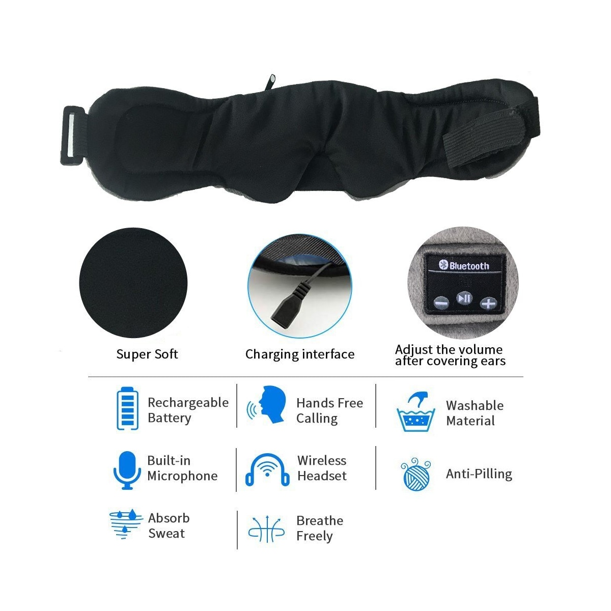 Sovemaske med hodetelefoner Bluetooth 5.0 Sort
