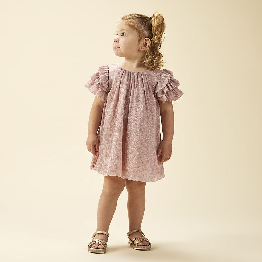 Robe de fête manches courtes brillante effet plissé pour bébé fille - Rose
