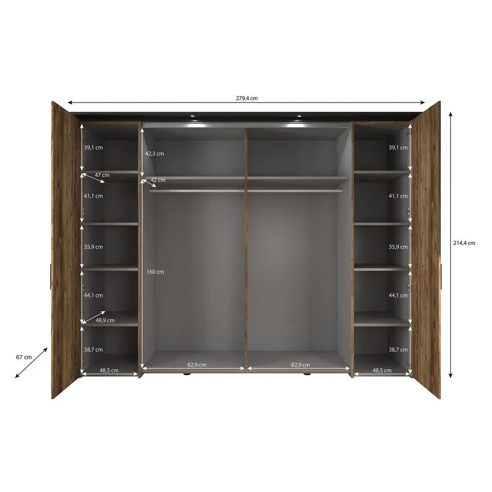Meubella - Kledingkast Jacob - Zwart - Eiken - 280 cm