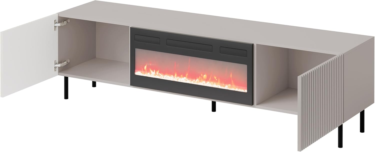 Mirjan24 TV Schrank Arypot 2D mit Elektrischem Kamin, Griffloses System, gefräster Front, TV Lowboard, Realistische LED-Flamme, Deko-Kristallen, Heizfunktion, Fernbedienung (Cashmere.)
