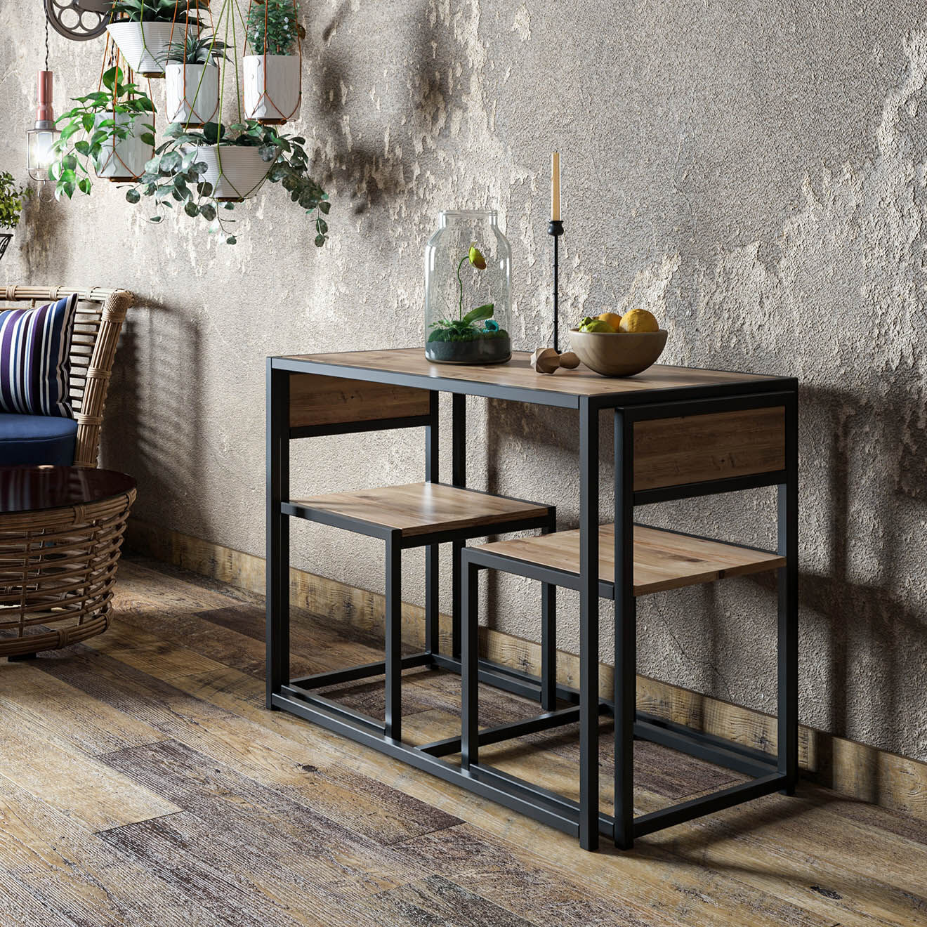Wooden Art Ensemble table + 2 chaises  Bahar bois/ noir