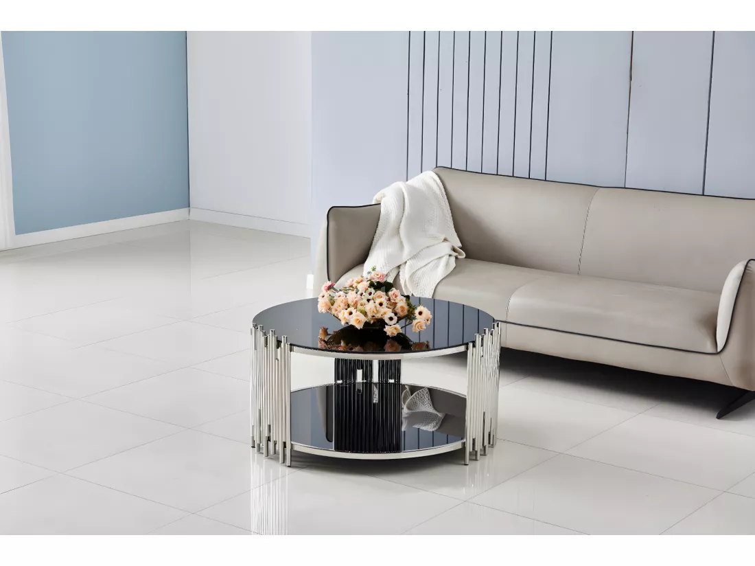Table basse ronde stick chrome verre noir d90 h45 cm