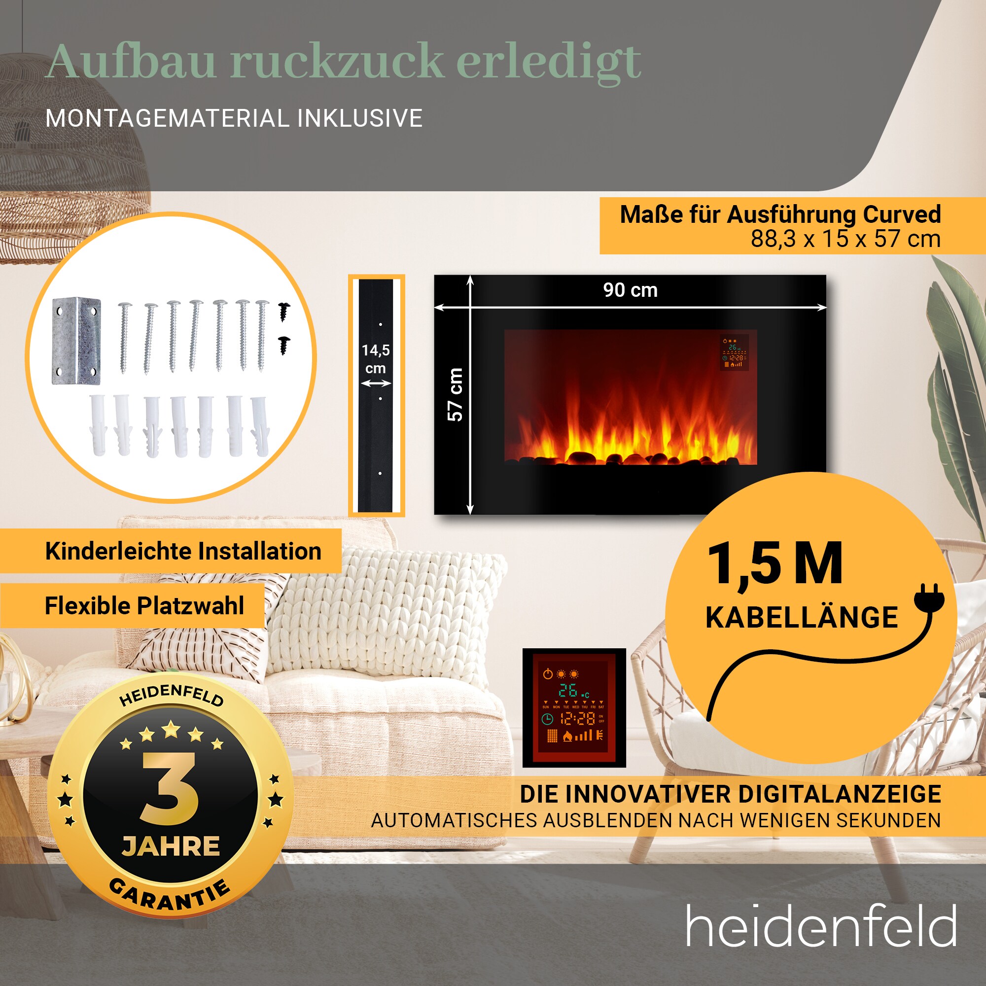 Heidenfeld Elektrokamin HF-WK100, Wandkamin Flat / Curved, Heizfunktion, Thermostat, Fernbedienung (WK100C flach Steinoptik)