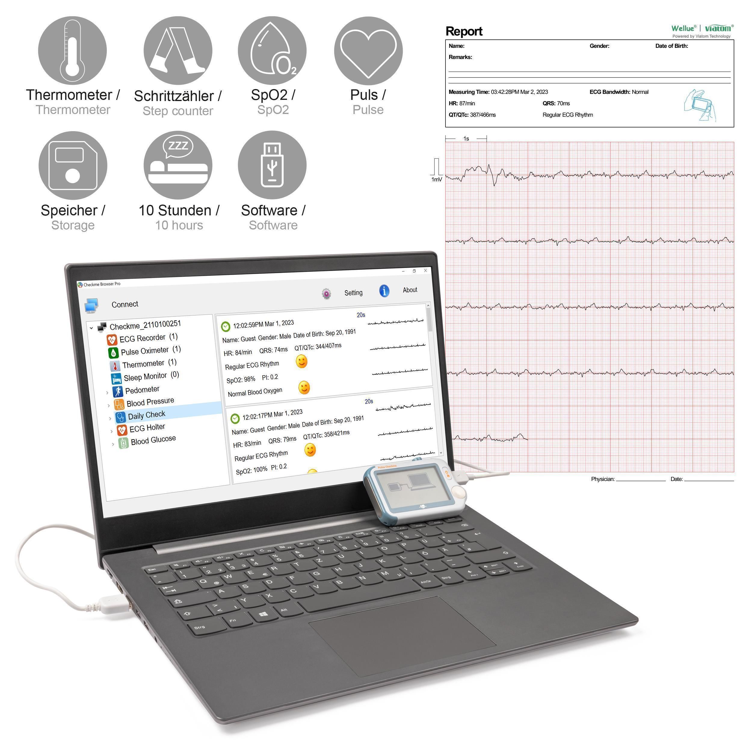 Pulox by Viatom - Checkme Pro Tragbarer EKG Monitor mit SpO2-Sensor und Thermometer