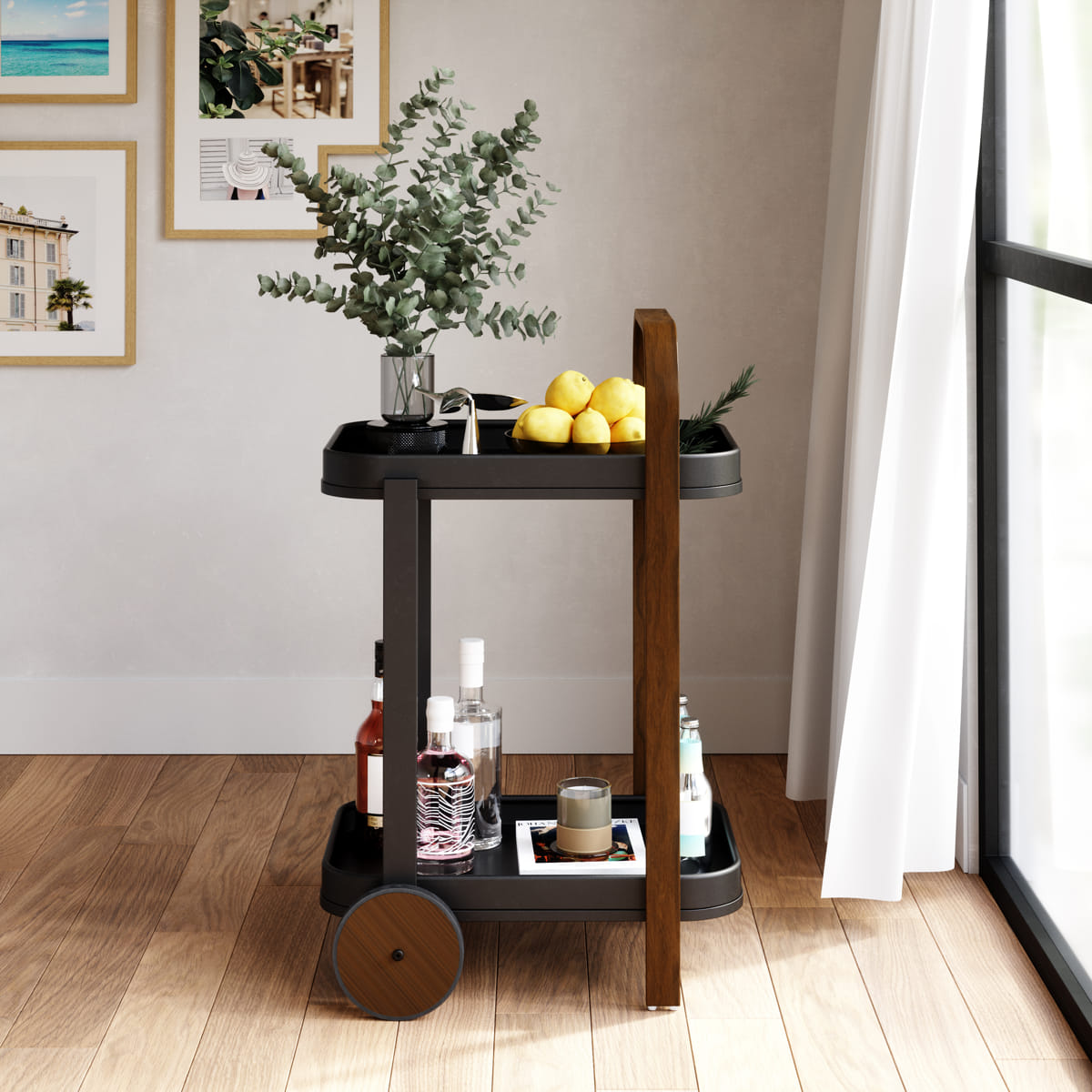 Trolley Bellwood bar en serveerwagen zwart/walnoot