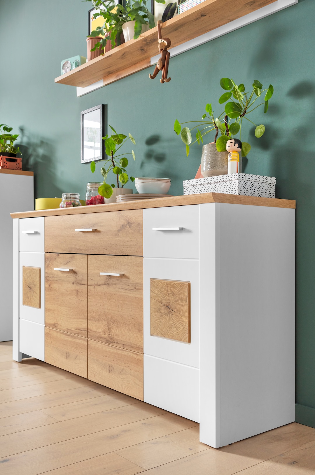 LIV'IN Sideboard MATERA 164x87 cm Weiß supermatt / Eiche Nachbildung