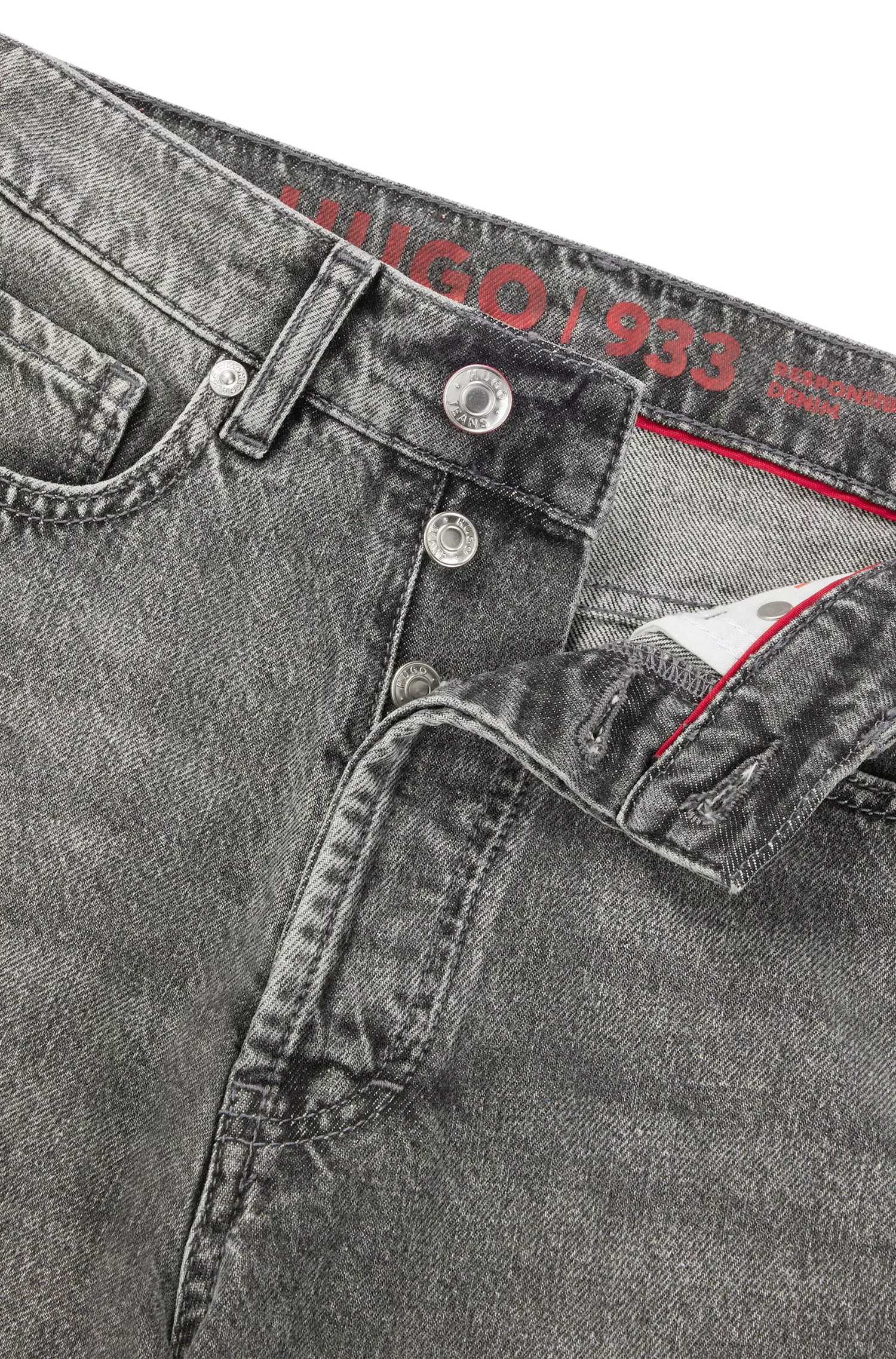 Calça jeans cropped vermelha HUGO de corte moderno em denim rígido cinza.
