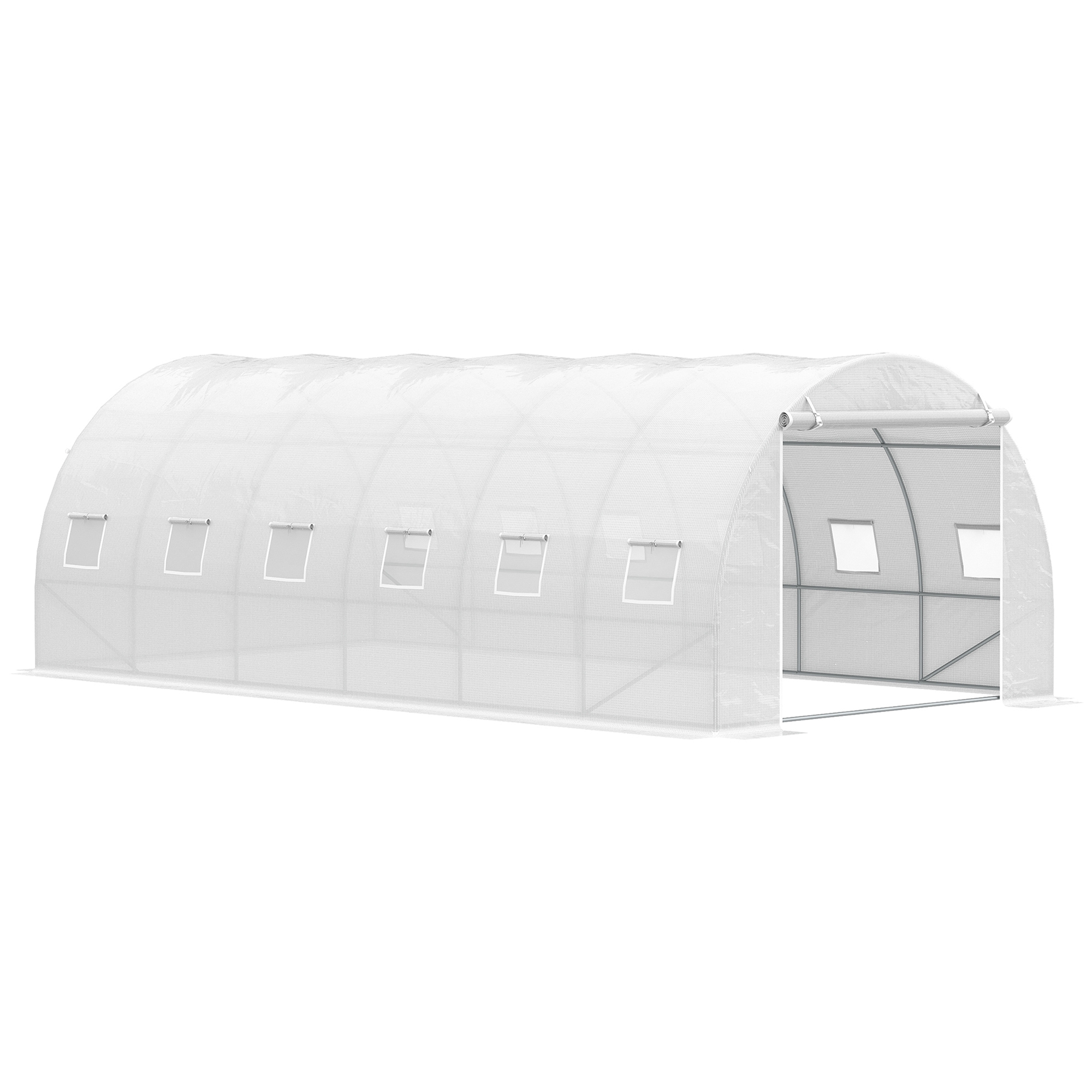 Estufa túnel Outsunny 6x3x2 m com porta de enrolar, 12 janelas, cobertura em PE de 140 g/m² e estrutura metálica galvanizada para cultivo de plantas e hortaliças, branca.