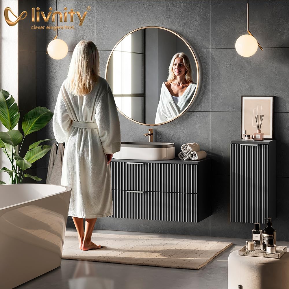 Livinity Badmöbel-Set Ronco, Anthrazit gepunktet, 3 Teile, mit Spiegelschrank 80 cm