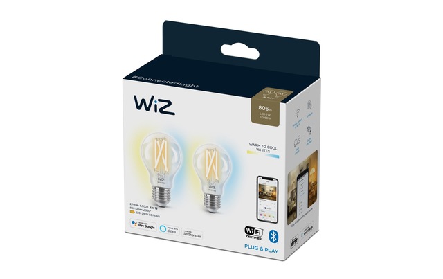 WiZ LED-Leuchtmittel »7W (60W) E27 A60 Filament Clear Doppelpack« E27 Kaltweiss